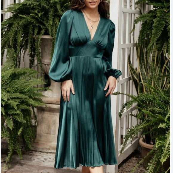 Baltic Born Satin Louie Pleated Wedding Guest Midi Dress Emerald Green Small - Picture 3 of 15